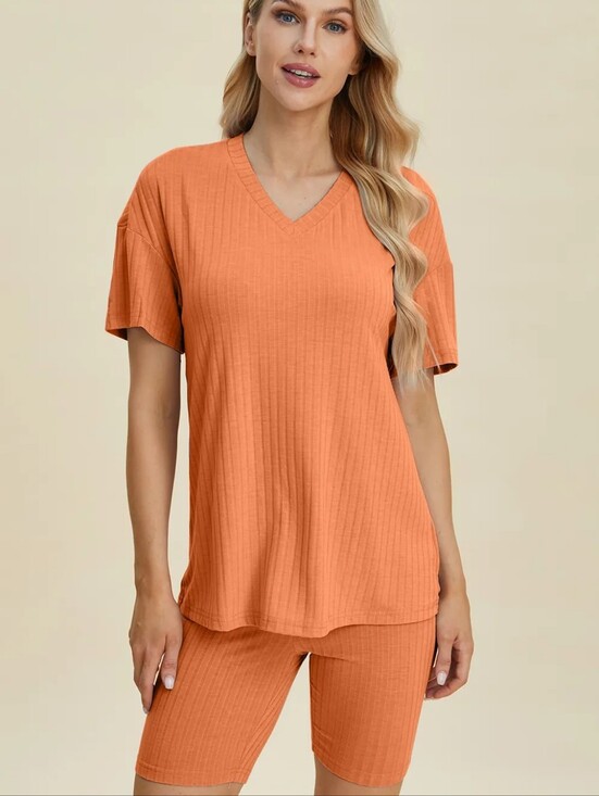Basic Bae Tops - 🌸Basic Bae Orange Ribbed V Neck Short Sleeve Top and Shorts Set